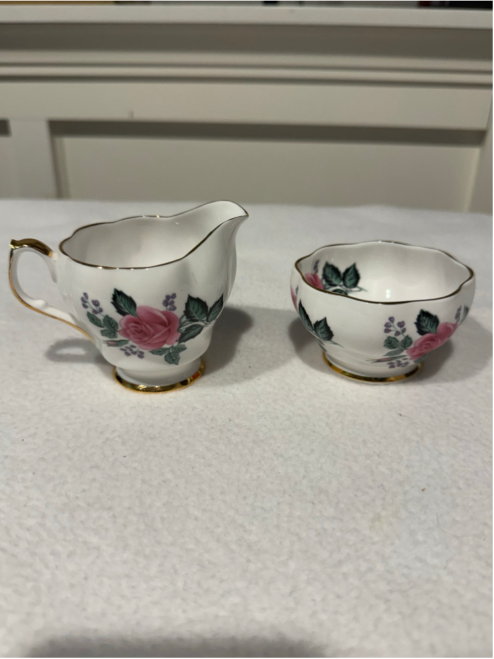 Vintage Queen Anne Bone China Creamer & Sugar Bowl Set, White Pink Floral Gold